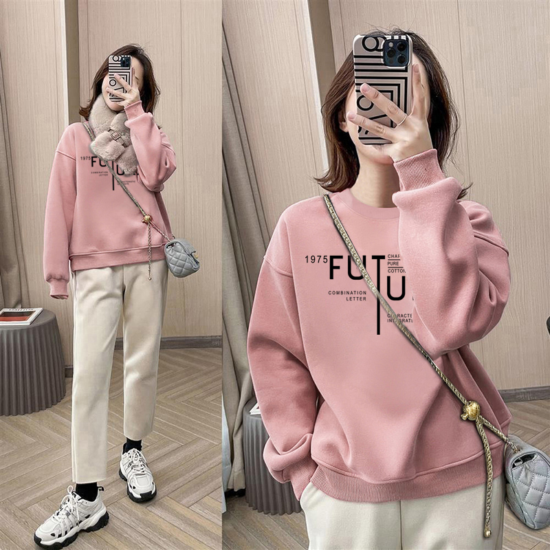 圆领套头打底衫加绒加厚卫衣女2025秋冬新款宽松韩版外套春秋薄款