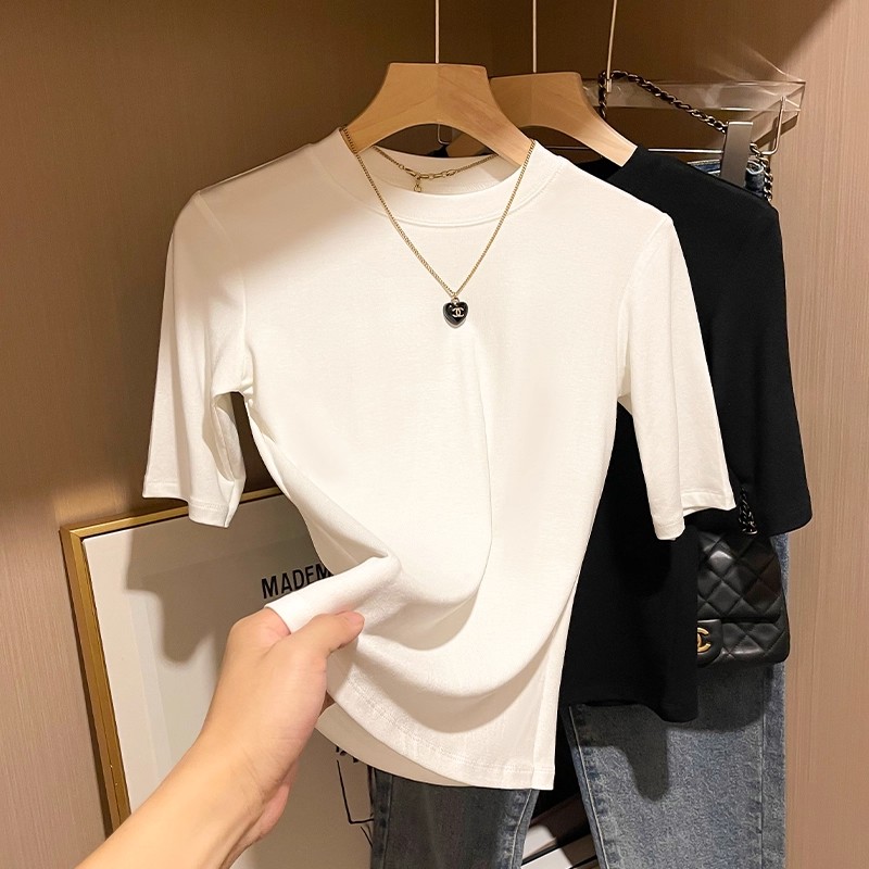 半袖正肩T恤女五分袖黑色圆领夏季超显身材独特中袖上衣打底衫潮