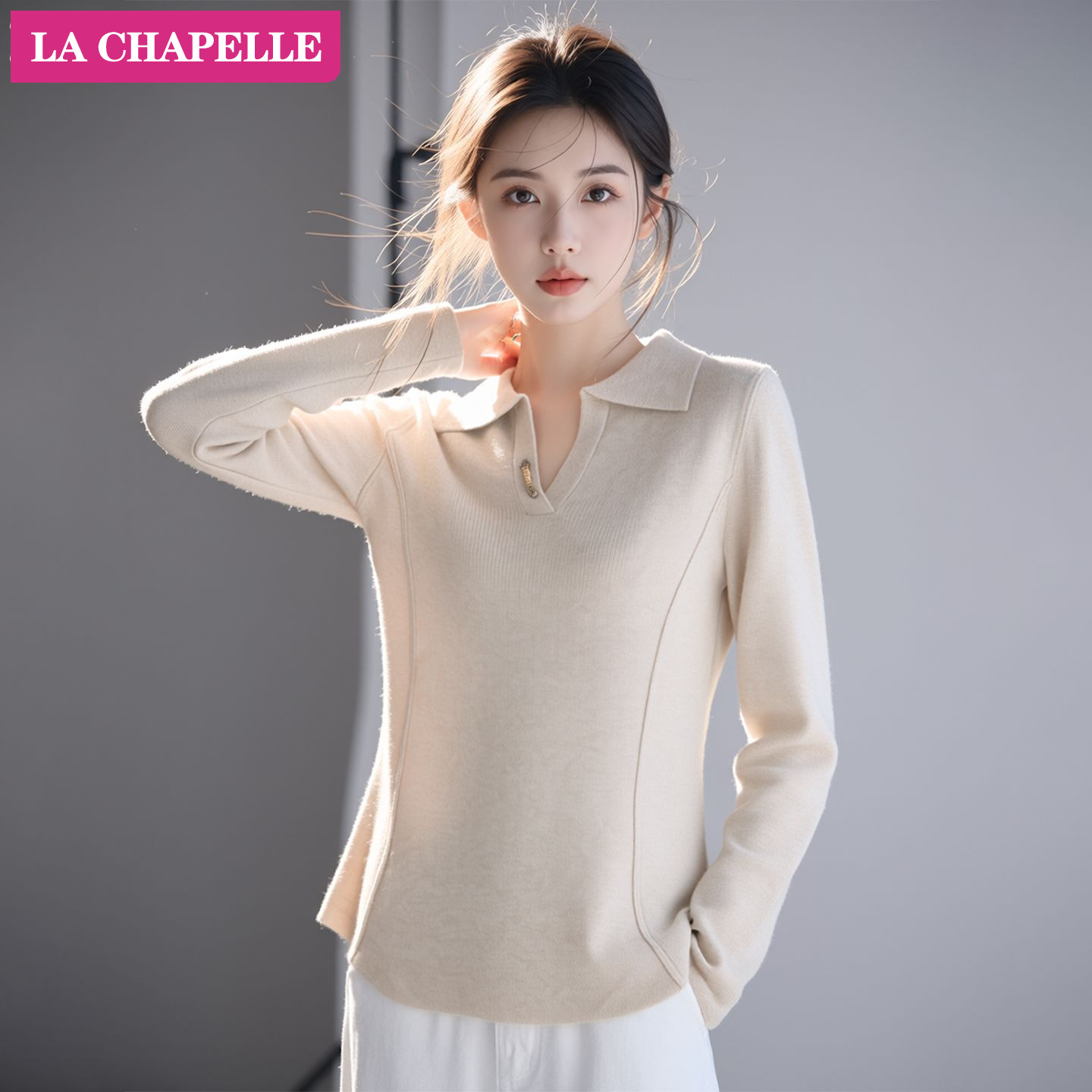 拉夏贝尔韩版简约翻领长袖针织衫女早春新款收腰时尚打底短款毛衣