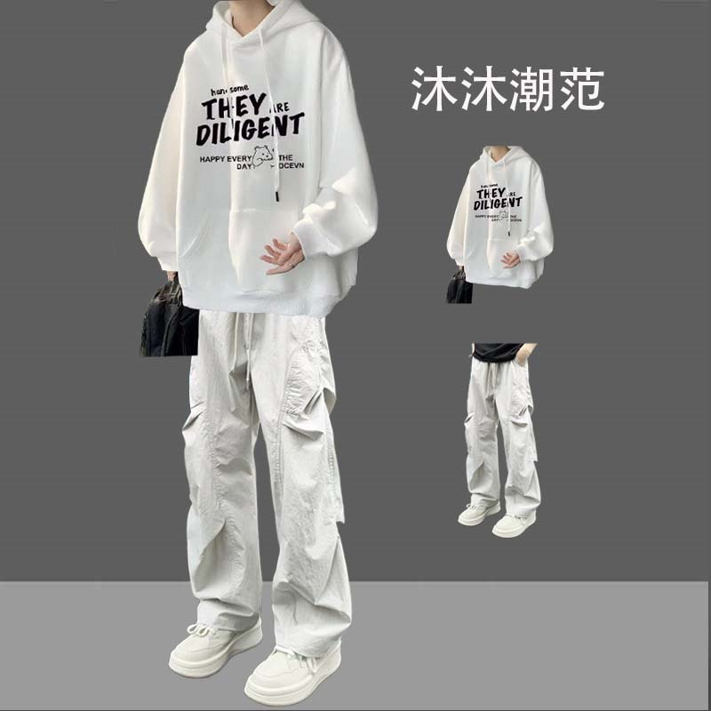 秋冬季连帽卫衣套装男生潮流痞帅美式加绒男装穿搭青少年高街一套