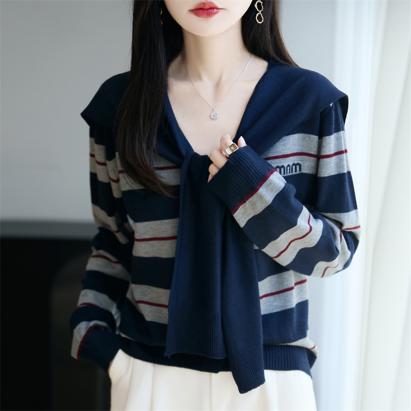 哥弟阿玛施正品2025早秋V领加披肩条纹百搭针织长袖慵懒休闲上衣