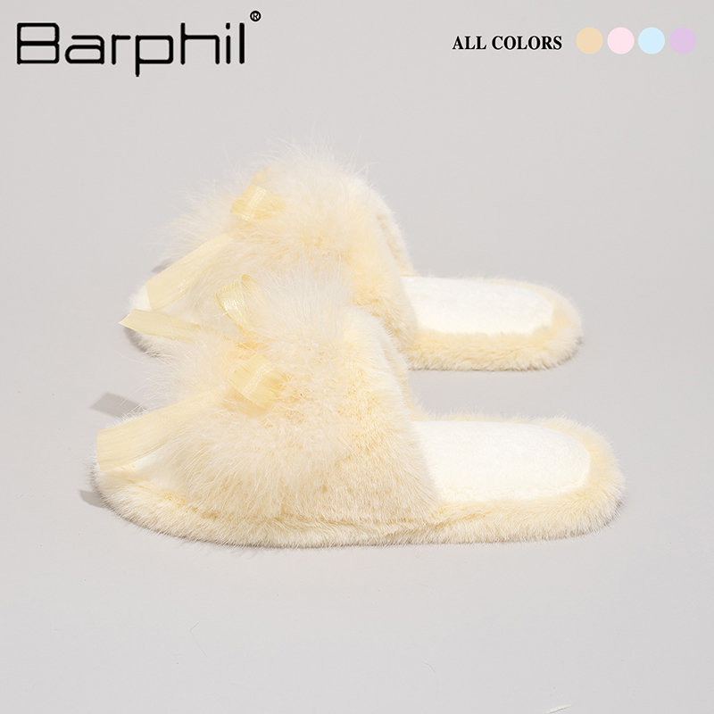 Barphil拖鞋女2025新款秋冬室内家居毛绒露趾棉拖甜美蝴蝶结防滑