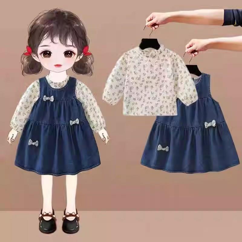 女童连衣裙春秋2025新款秋装小女孩洋气宝宝儿童牛仔背带裙子套装