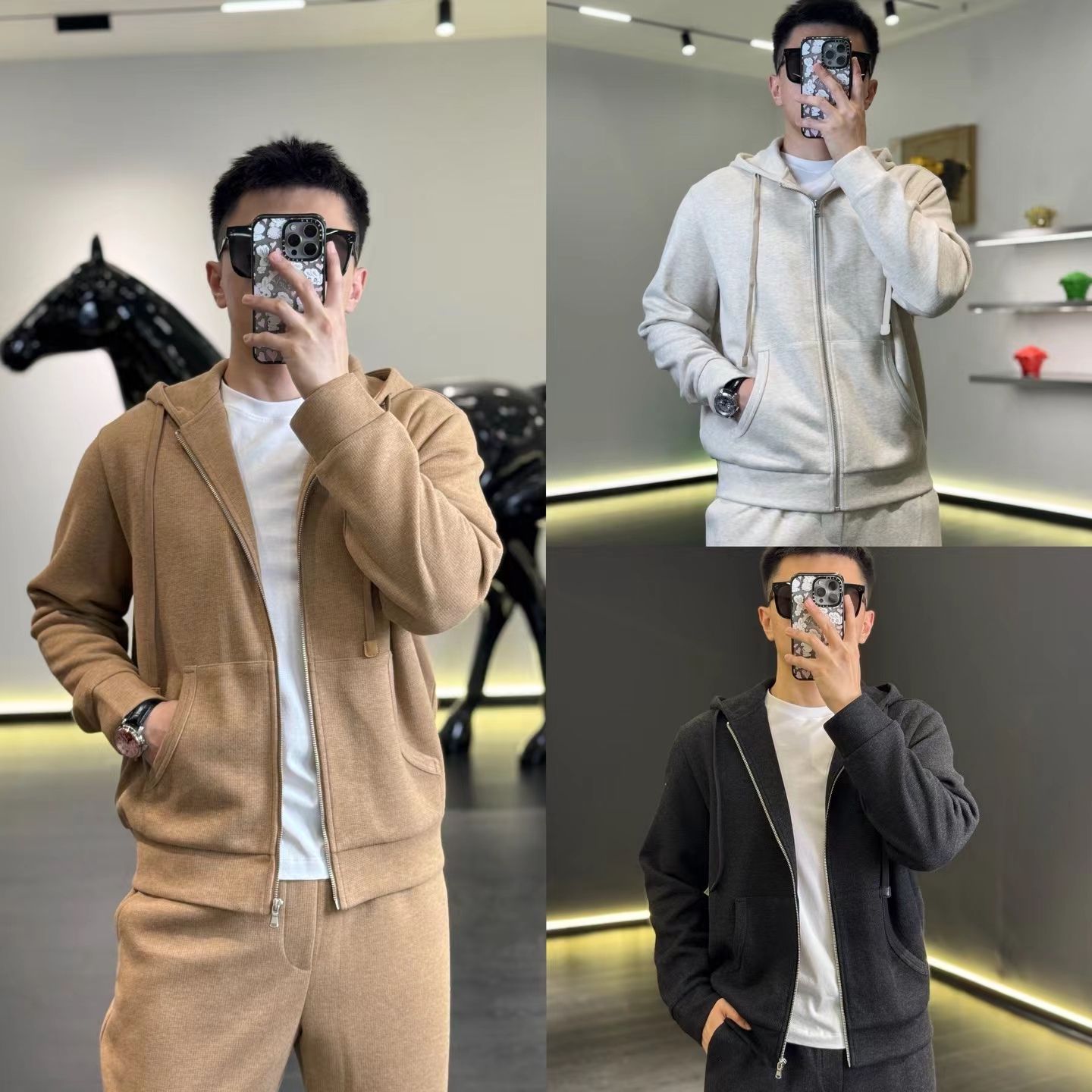 (秋款）古帝特尼拉链纯色开衫收口袖连帽卫衣宽松上衣套装Z-3257男