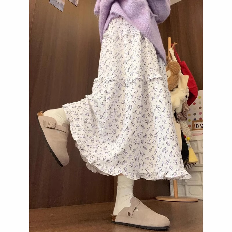 白色碎花半身裙女中长款春秋高腰显瘦a字长裙蓬蓬蛋糕裙2025新款