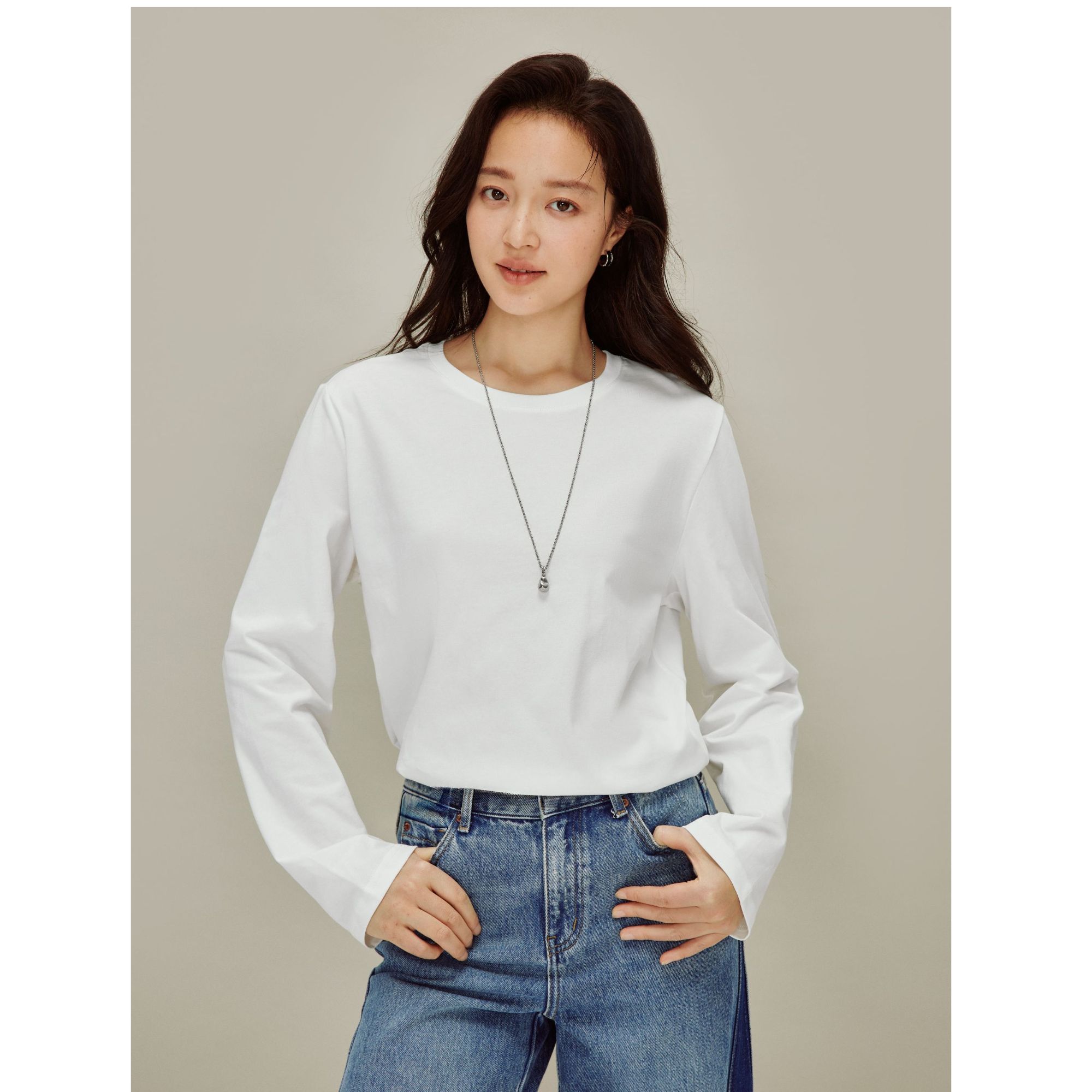 【福利提前购】100%棉茵曼冬季纯棉纯色基础百搭长袖白T恤打底衫女