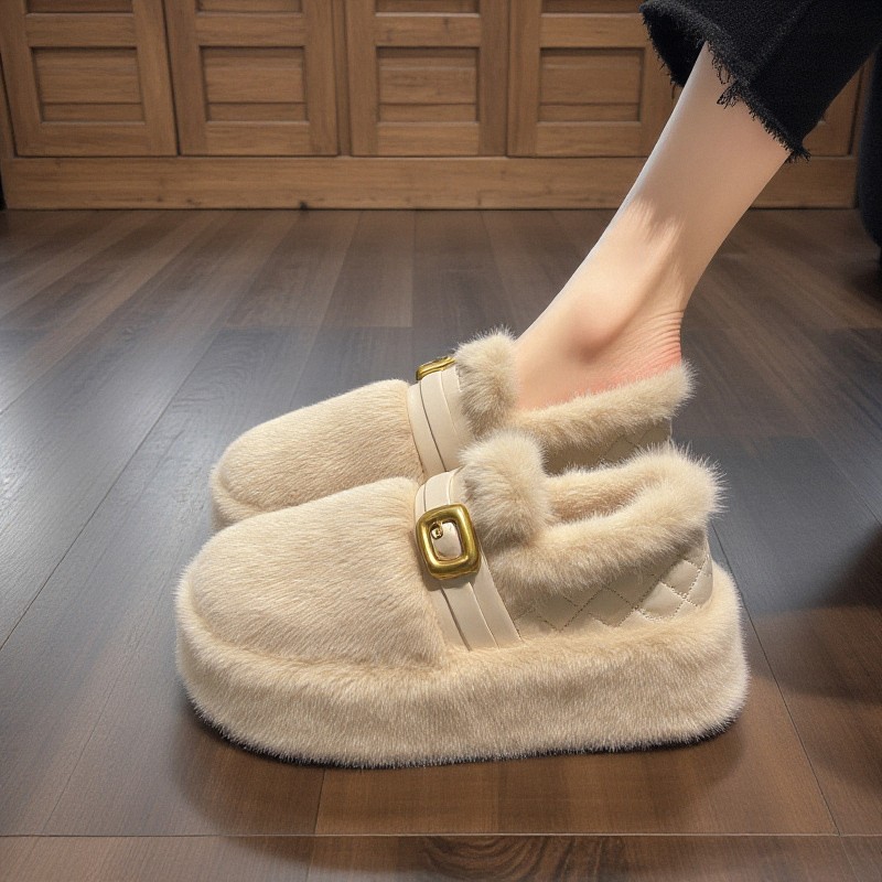 【兔毛绒】厚底毛毛鞋女外穿2025秋冬季皮带扣白色加绒保暖孕妇棉鞋