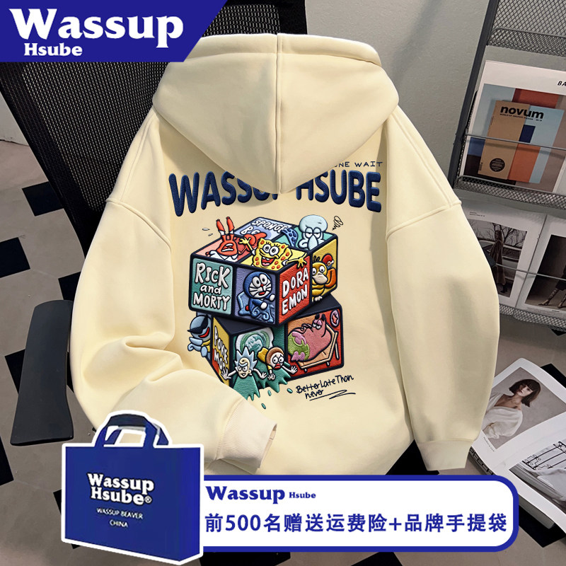 WASSUP HSUBE秋冬季男杏色加绒上衣海绵宝宝魔方印花连帽套头卫衣