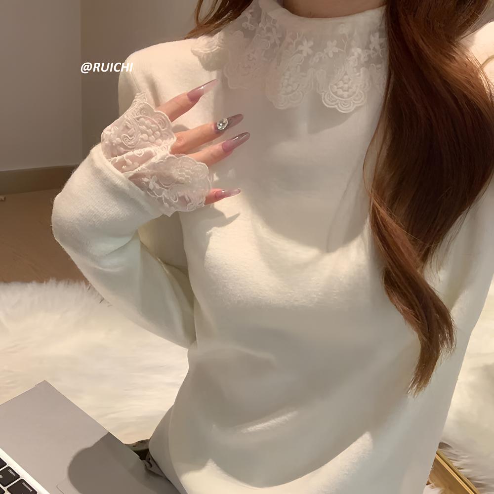 法式氛围感2025秋冬新款蕾丝拼接翻领竖纹长袖修身针织衫上衣女