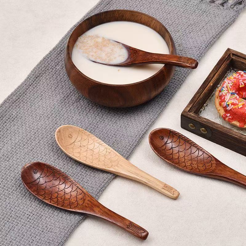 实木小鱼勺儿童吃饭勺子干饭勺家用宝宝粥汤勺瓢羹日式创意辅食勺