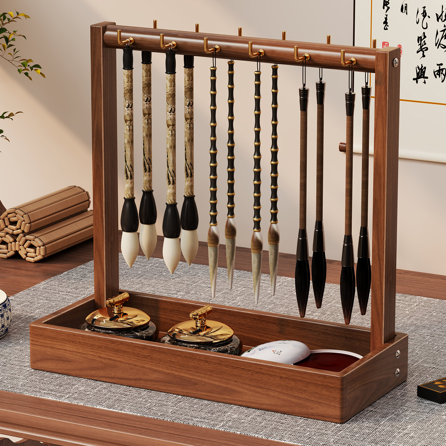 实木毛笔架中式复古多功能毛笔收纳架家用桌面笔挂架学生初学者宿