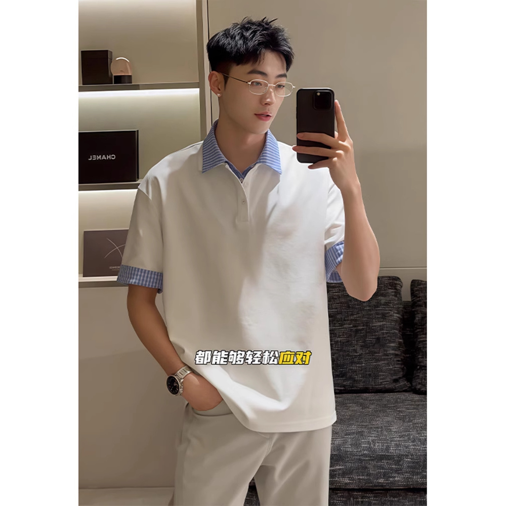 假两件格子拼接polo领短袖t恤男夏季美式学院风潮牌情侣五分中袖
