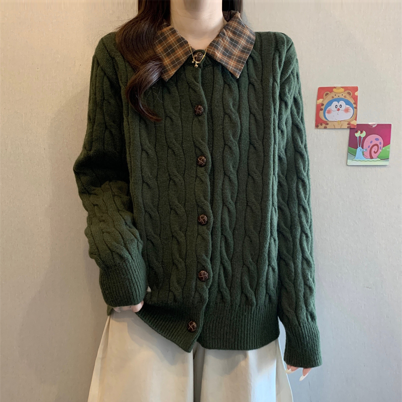 大码复古慵懒风格子拼接针织毛衣开衫女秋冬胖mm遮肚宽松翻领外套