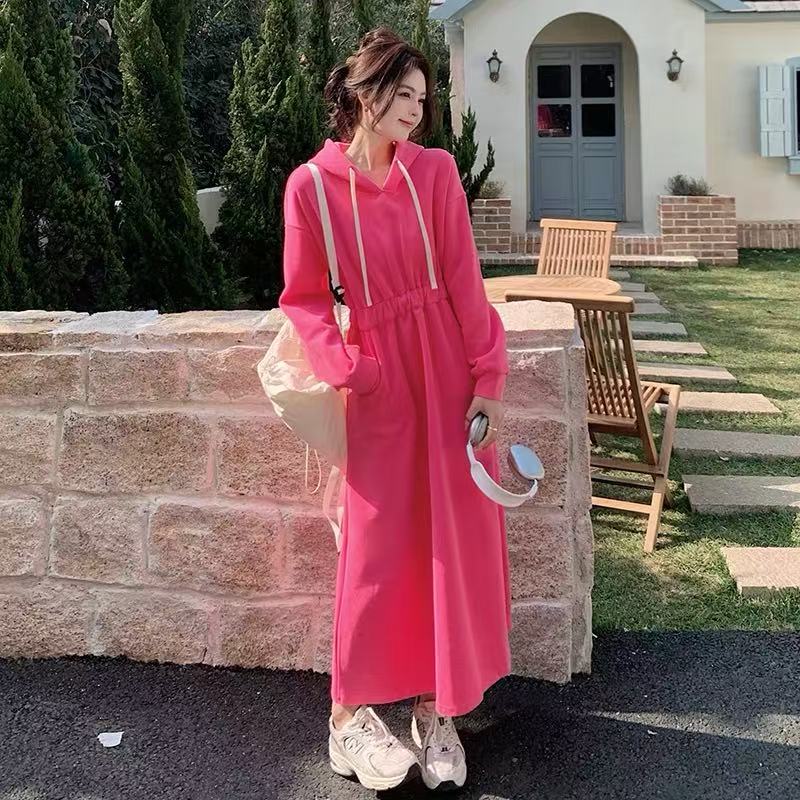 慵懒风粉色连帽收腰卫衣女春秋2025新款中长款休闲洋气宽松外套潮