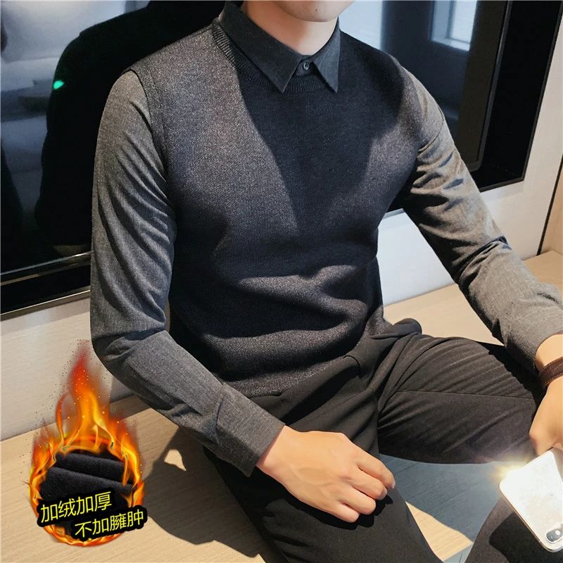 冬季长袖针织衫男士韩版修身加绒加厚假两件保暖衬衫领毛衣潮流