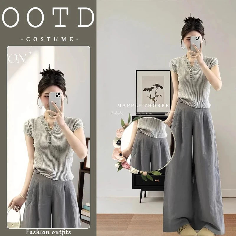 2025年新款港味别致v领短袖上衣+时尚显腿长阔腿裤欧美气质两件套