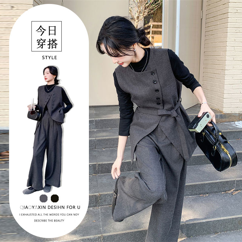 韩系灰色西装马甲三件套装裤女春秋阔腿裤时尚高级感轻熟御姐风