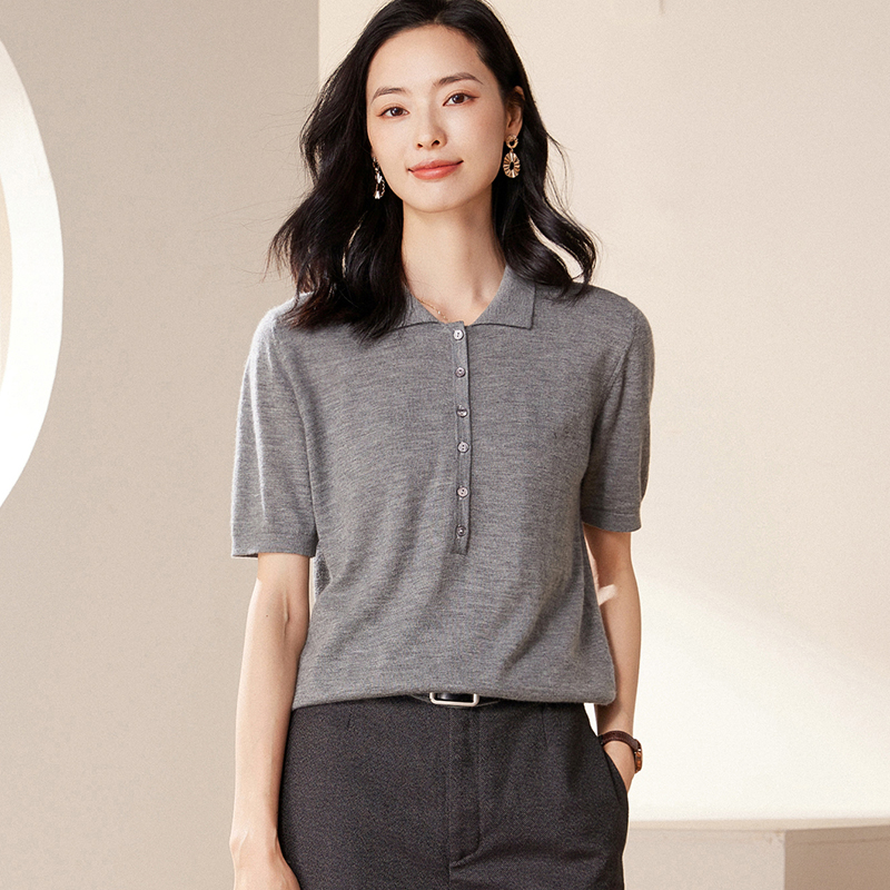 500 正品 68支精纺纯山羊绒女Polo领短袖 休闲气质显瘦 舒适保暖