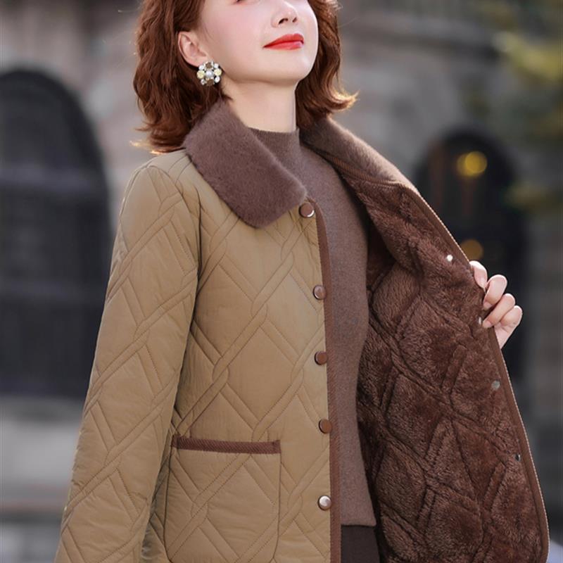 妈妈装加绒加厚翻领棉服2025冬季短款棉袄中老年奶奶宽松大码棉衣