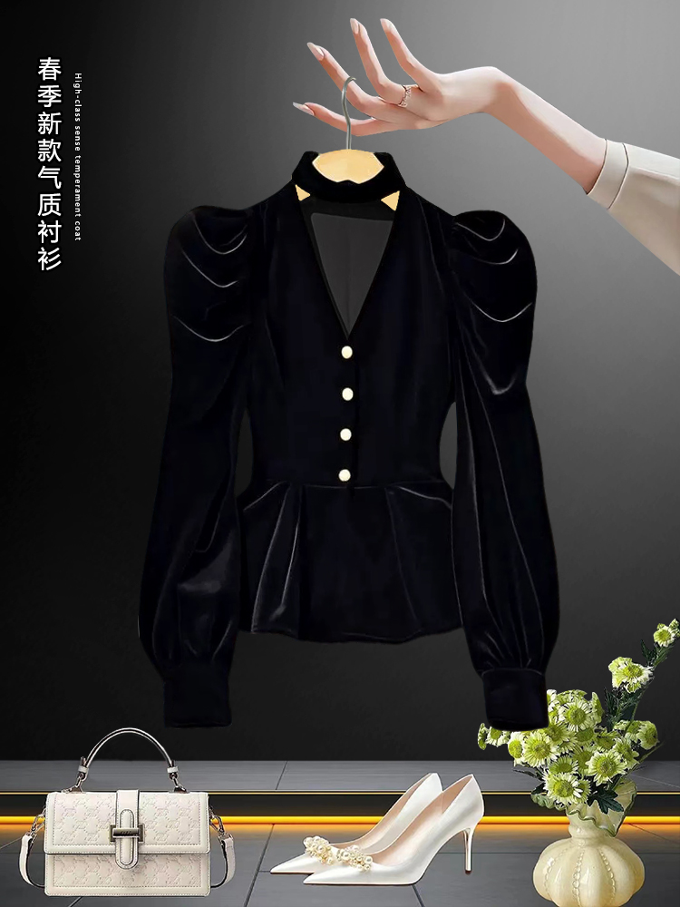 黑色丝绒收腰衬衫2025年新款小衫法式轻奢高级感独特漂亮气质上衣