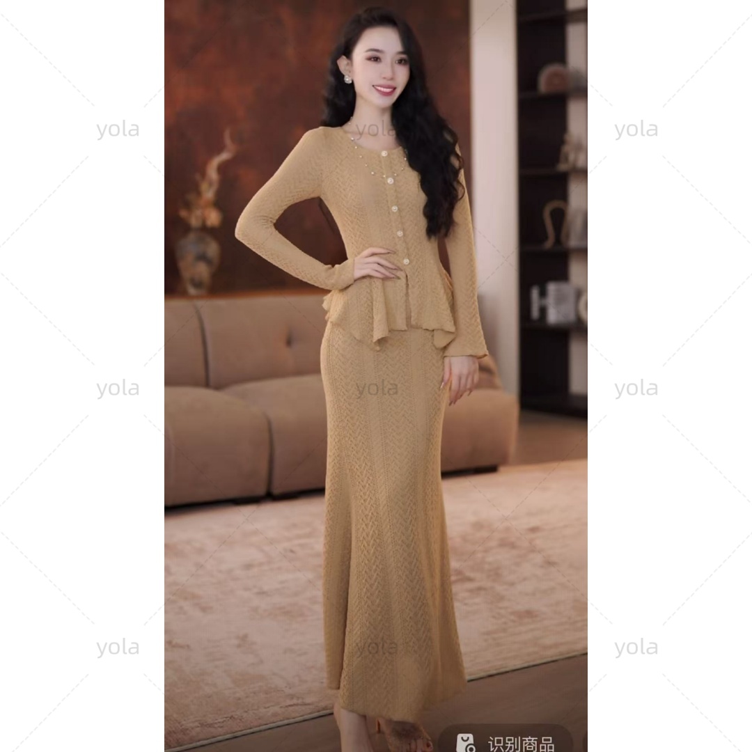 【yola】稻香秋季新款高级法式气质显瘦假两件鱼尾连衣裙-YL11801