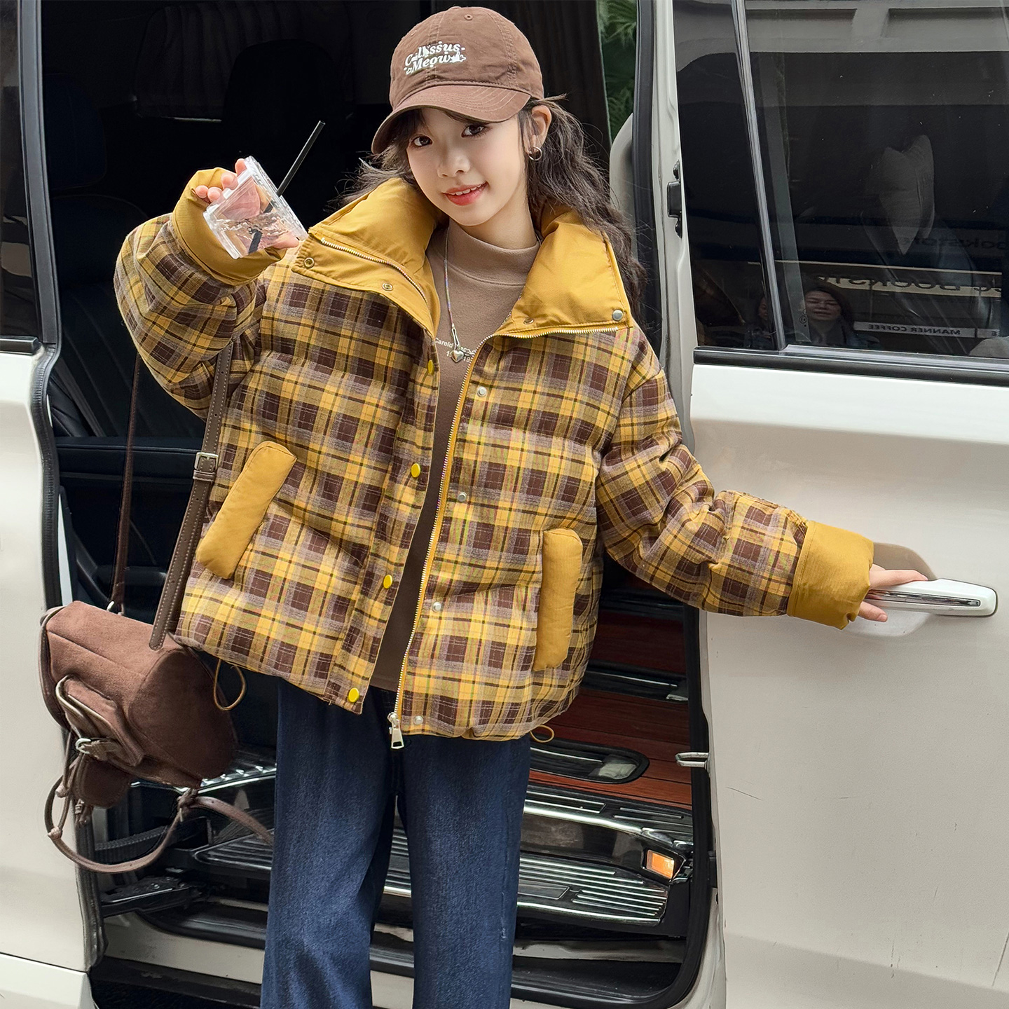 女童冬季棉服超好看加厚保暖面包服棉衣童装女孩格子立领冬装外套