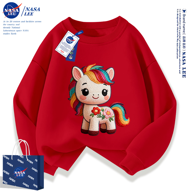 NASA儿童红色卫衣秋冬加绒加厚2026马年本命年12岁女童新年拜年服