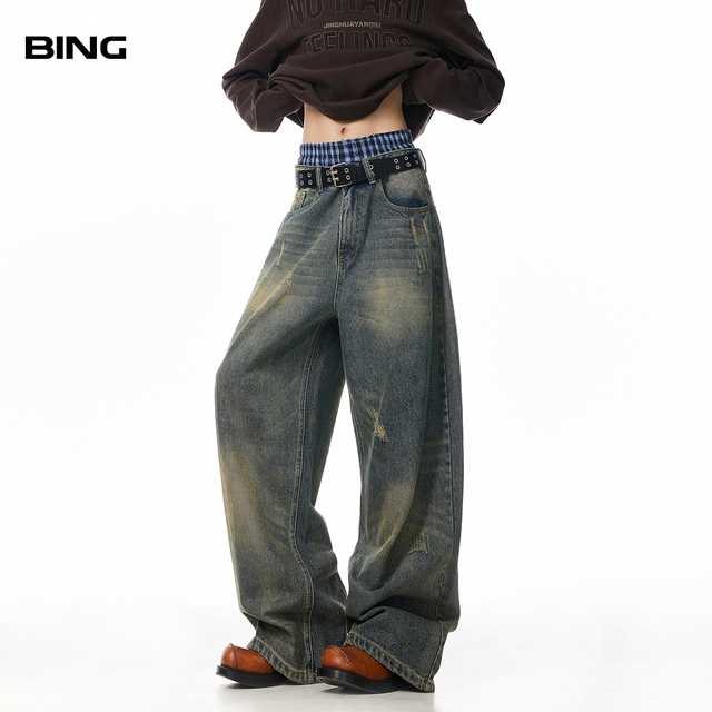 BING复古蓝色牛仔裤男款水洗磨破cleanfit裤子美式高街vibe阔腿裤
