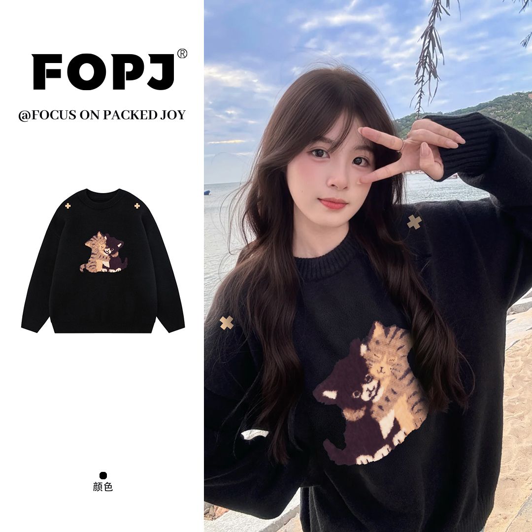 FOPJ韩系时尚学院风圆领长袖毛衣女秋冬新款猫咪印花宽松百搭上衣