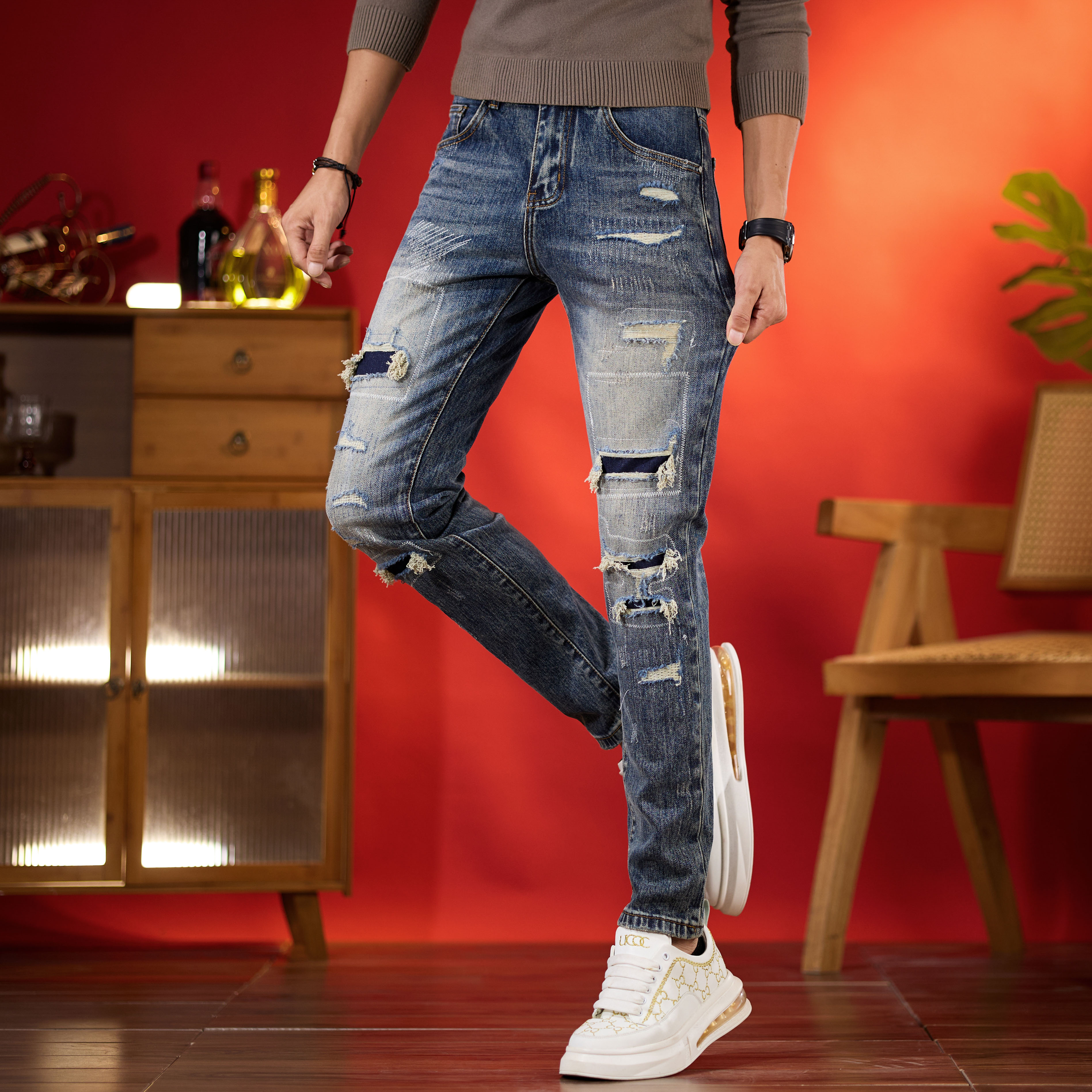 秋冬破洞男士牛仔裤长裤潮流新款痞帅破洞九分裤修身做旧时尚复古