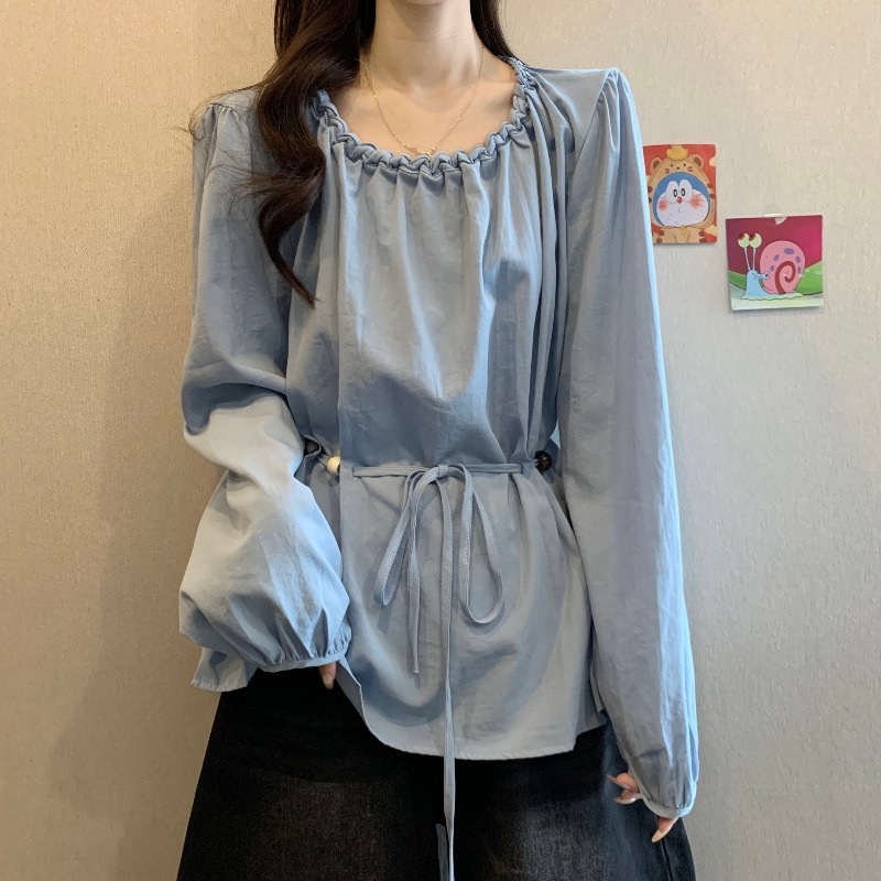 设计感串珠系带收腰正肩衬衫女秋2025胖MM新款宽松遮肚子独特上衣