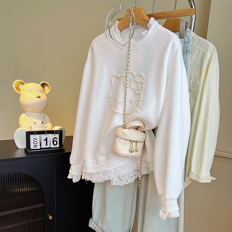 高级感钉珠猫咪休闲圆领卫衣女秋冬百搭假两件减龄显瘦长袖外套潮