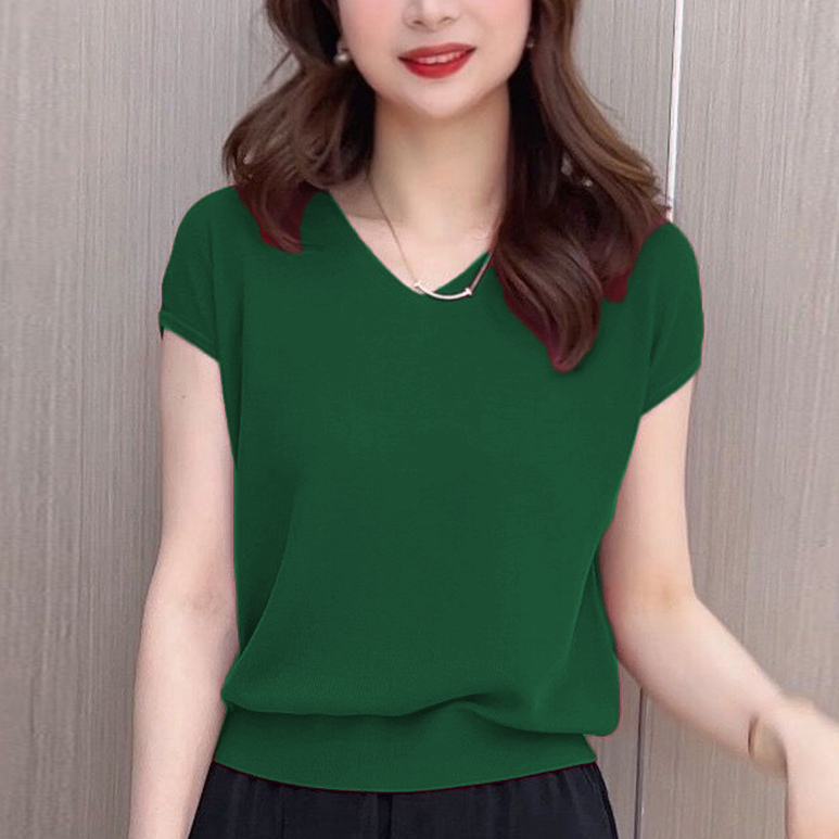 冰丝V领休闲夏装绿色T恤针织衫短袖薄款纯色百搭上衣宽松遮肉小衫