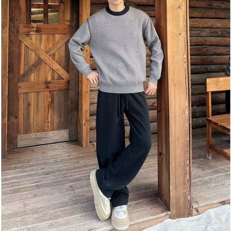 冬季撞色手工明线圆领氛围感情侣毛衣针织衫打底时尚毛衫加厚保暖