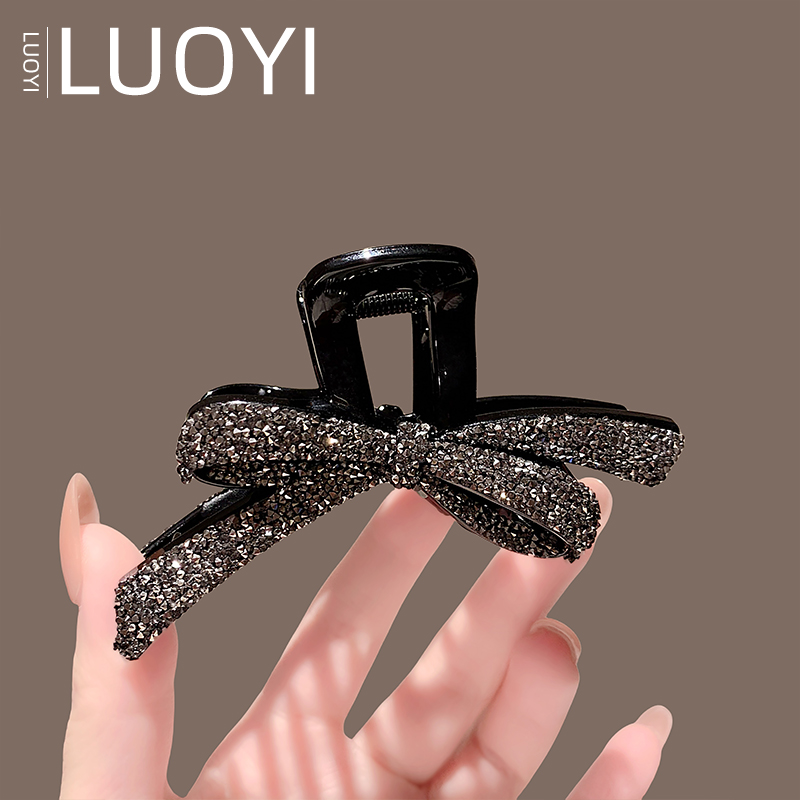 约10厘米新款满钻蝴蝶结抓夹女高级感黑色发夹时尚精致鲨鱼夹头饰