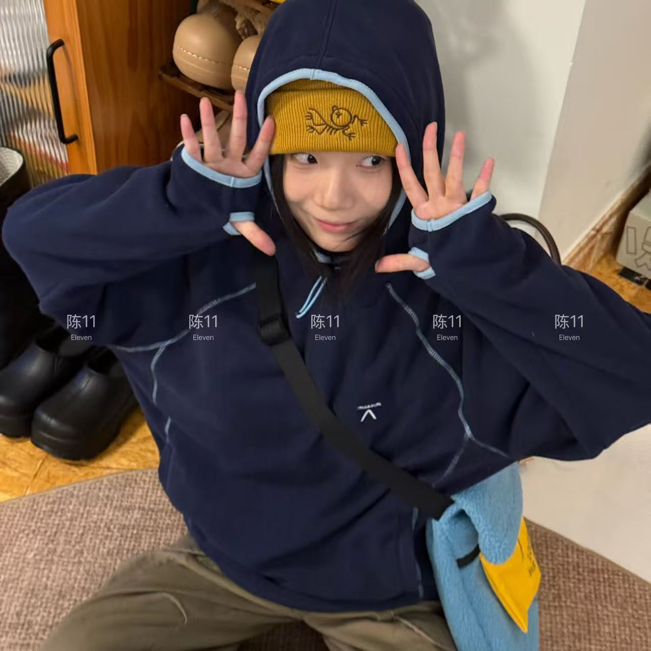 MIN SAN JIN运动摇粒绒连帽卫衣休闲宽松男女上衣QAX-25121CS