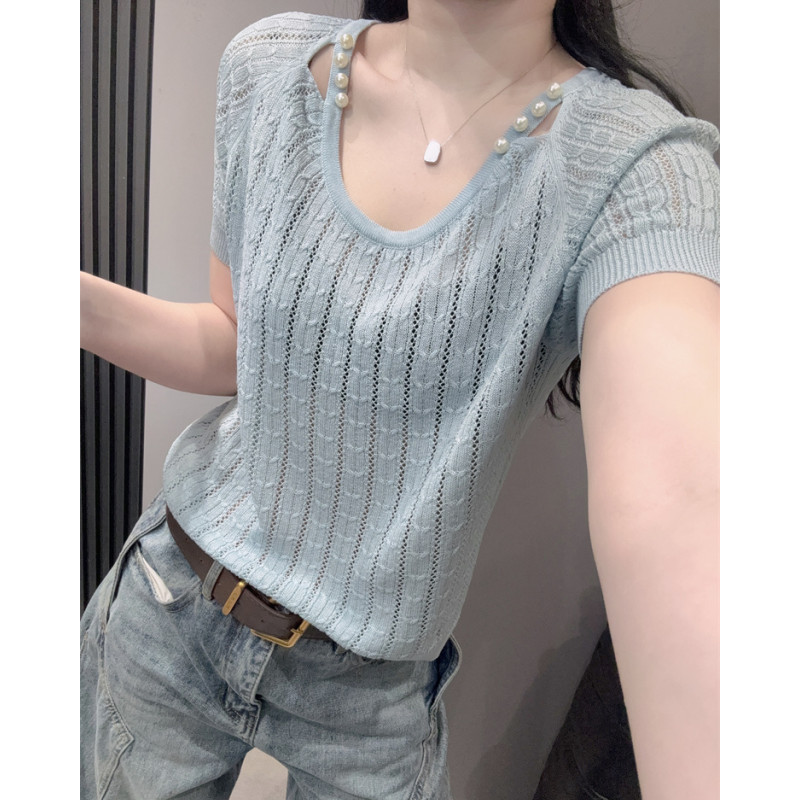 麻花镂空短袖女冰丝针织衫遮肚子显瘦宽松性感露锁骨低圆领上衣夏