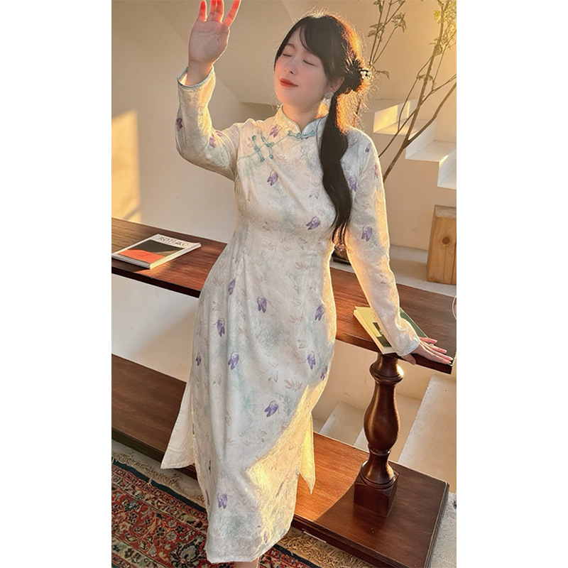 码加加51620高端复古新中式蝴蝶印花改良新款绝美气质大码旗袍