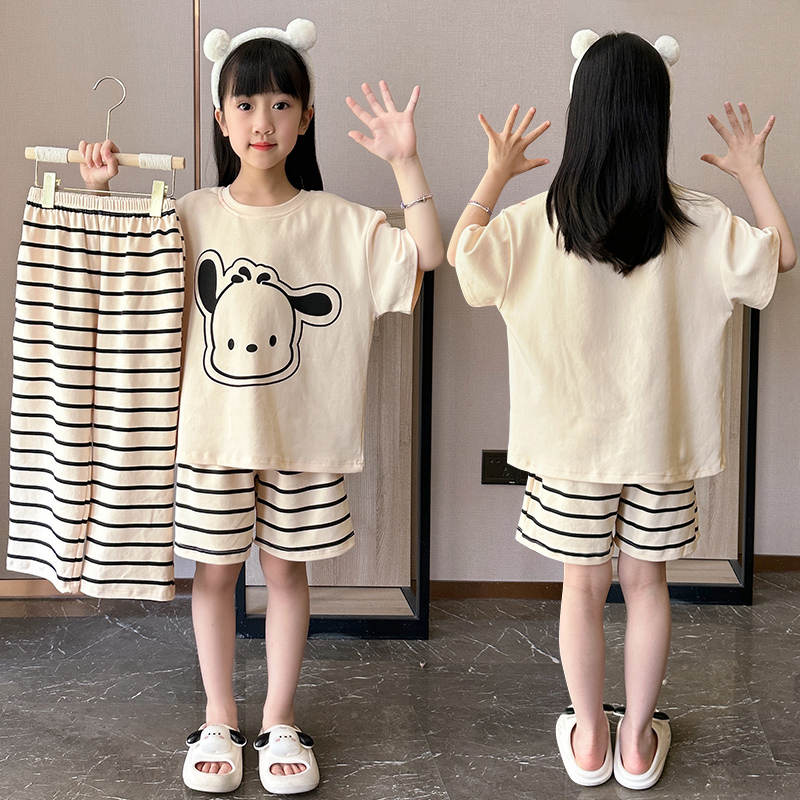 儿童睡衣夏季女童新款纯棉短袖中大童女孩公主洋气母女家居服套装