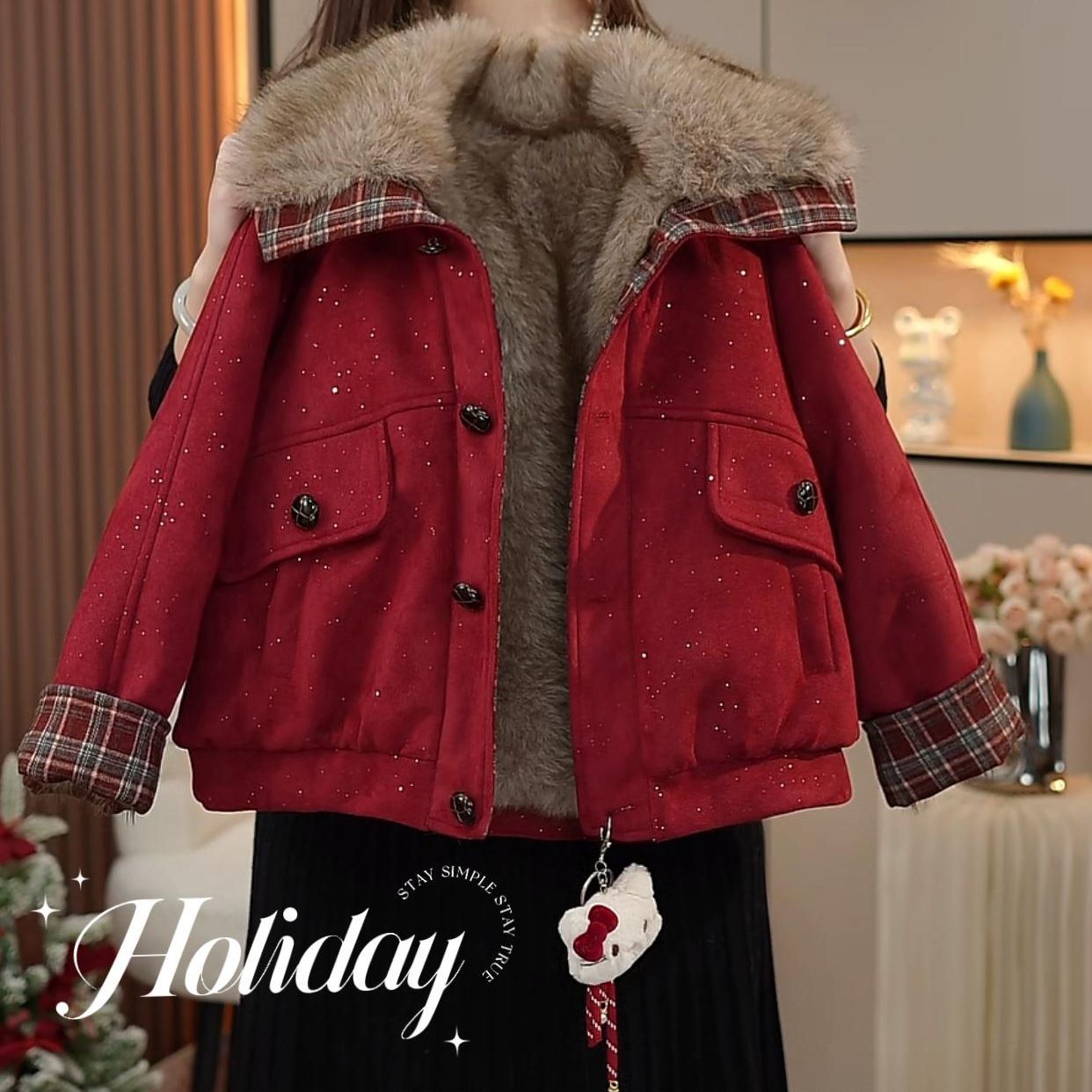 女童红色加绒派克服2025新款秋冬加厚韩系拜年服本命年撒银外套潮