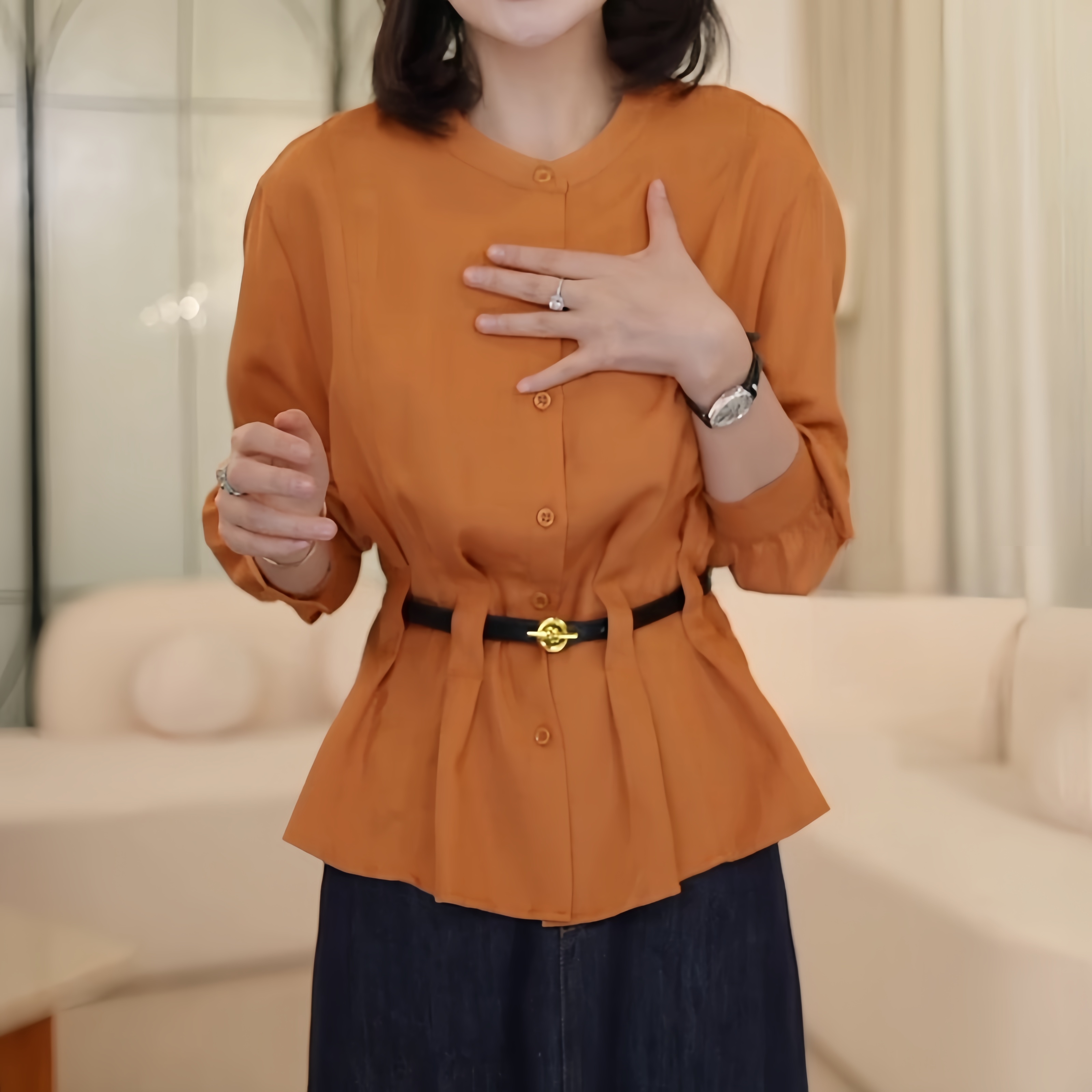 法式简约系带收腰长袖衬衫女2025秋季新款洋气宽松休闲显瘦上衣潮