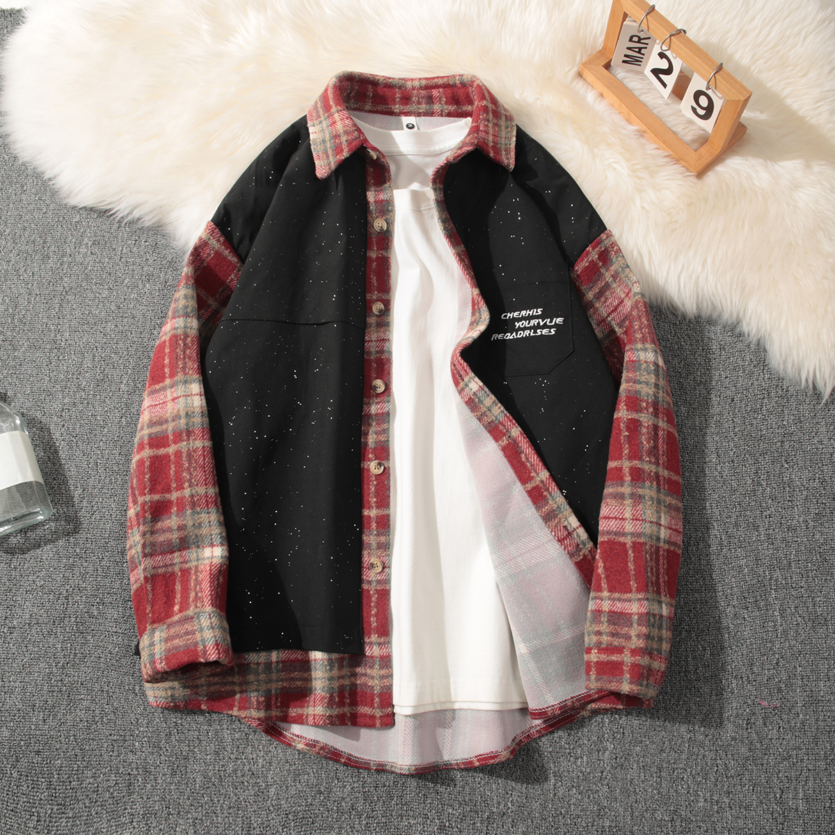 假两件格子外套男士衣服高级感秋冬百搭潮牌宽松痞帅夹克上衣