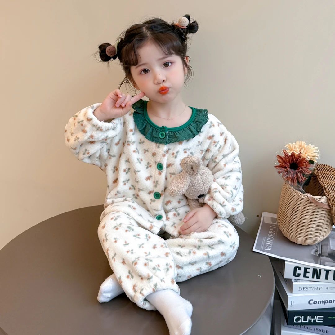女童睡衣秋冬季2025新款女孩开衫套装女宝宝珊瑚绒儿童花边家居服