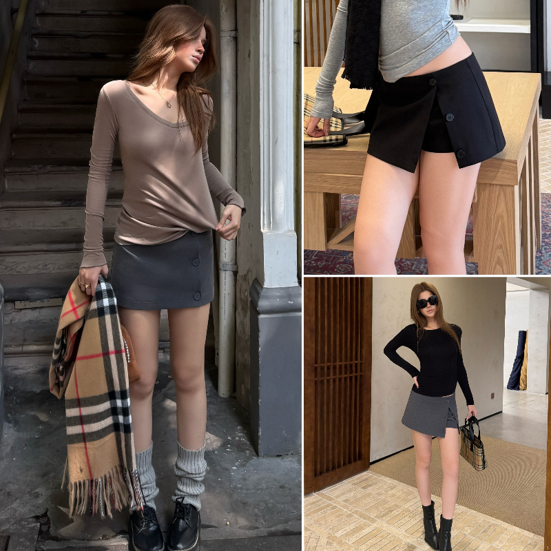 Audwyn纽扣开叉裙裤女秋冬新款修身显瘦mini西装包臀短裙A字裙