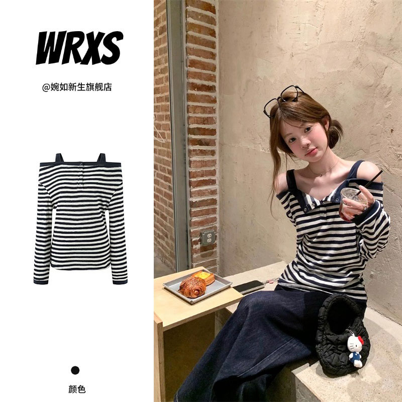 【婉如新生】假两件露肩条纹长袖2025新款辣妹风复古休闲显瘦上衣