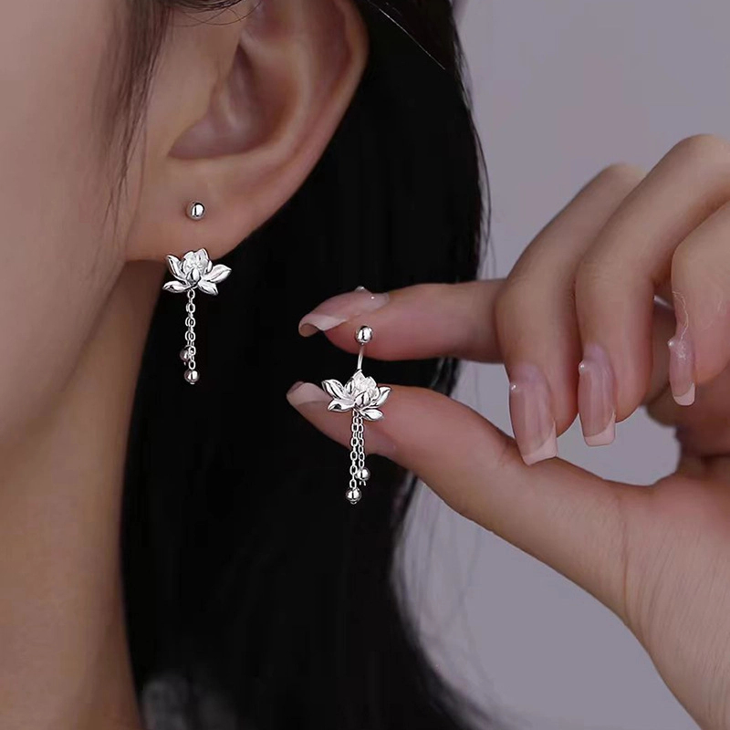 足银耳饰 S999纯银针莲花螺丝耳环女耳钉潮轻奢小众设计耳饰气质