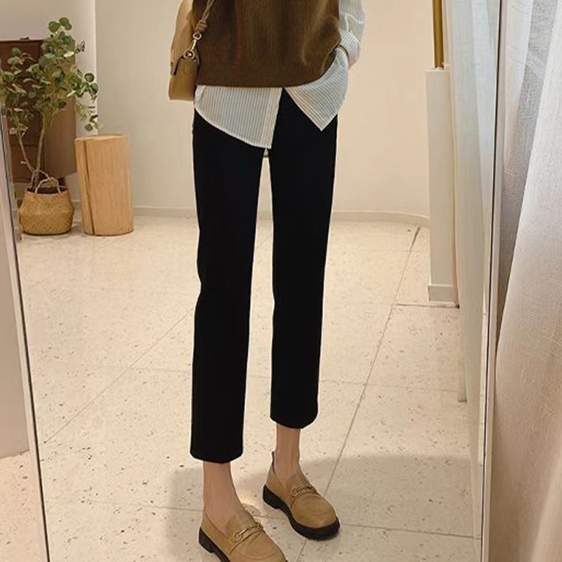 黑色烟管直筒牛仔裤女2025春秋冬加绒高腰法棍裤小个子七八九分裤