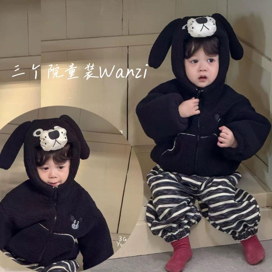 MN0438冬款2025韩版可爱卡通小狗加绒连帽外套休闲条纹束脚裤