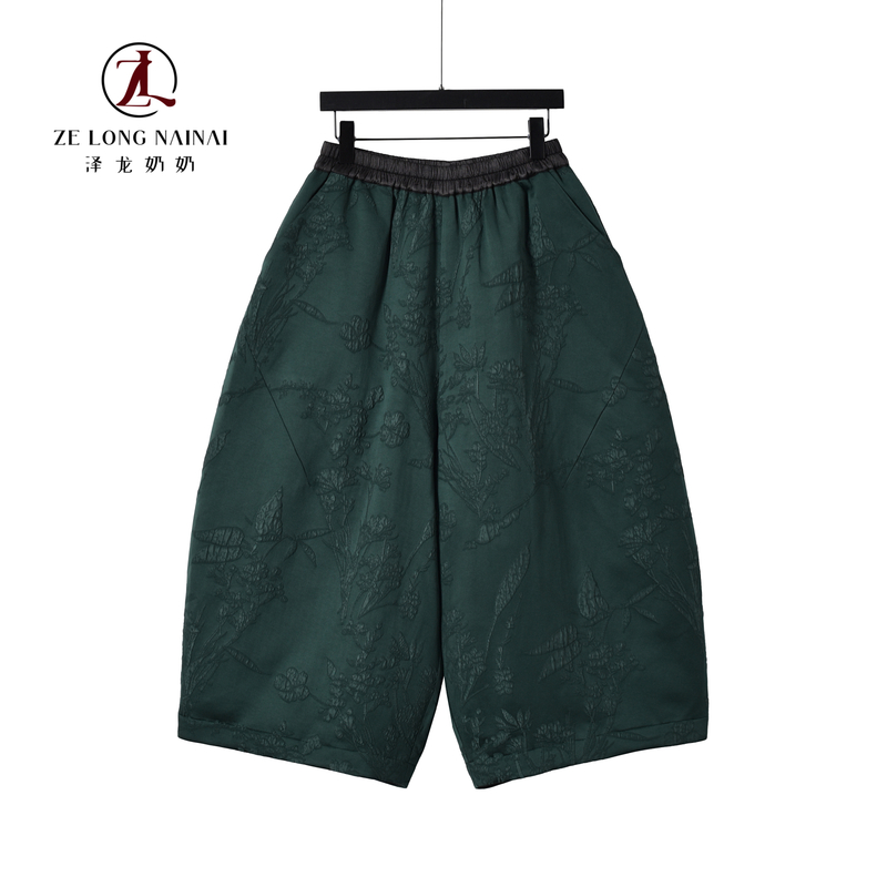 867复古提花羽绒裤女冬季宽松阔腿八分裤松紧腰保暖显瘦休闲裤
