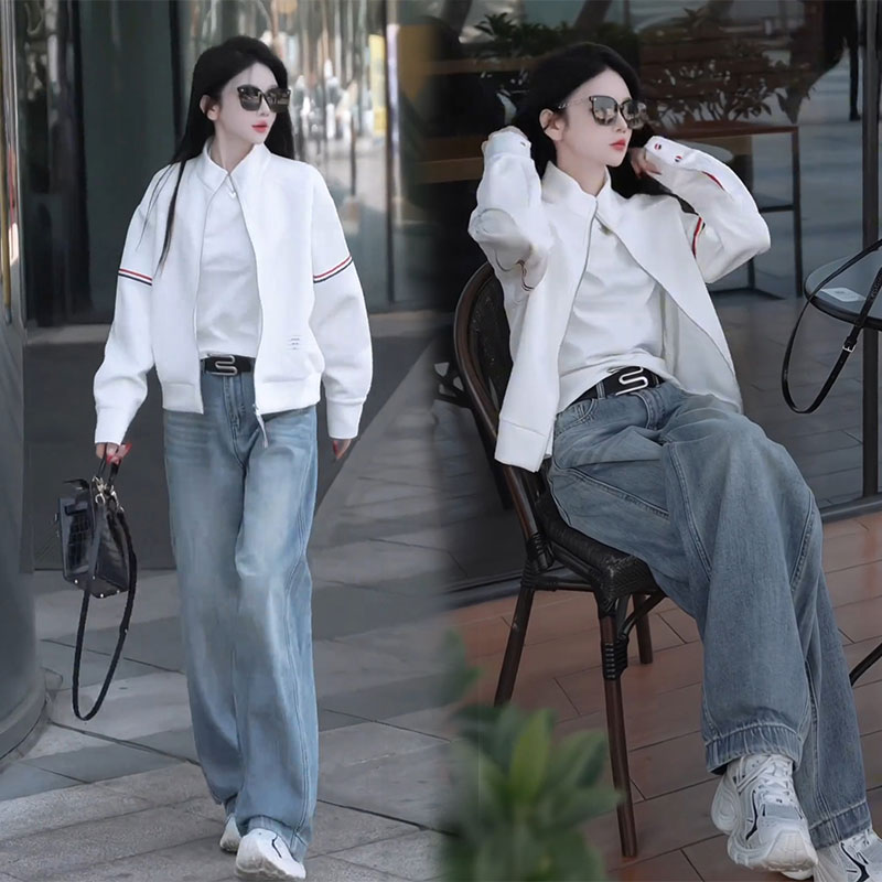 2025秋装新款时尚长拉链撞色设计立领棒球服短外套牛仔裤两件套装